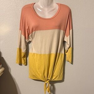 Colorblock Long Sleeve Top with Tie Hem